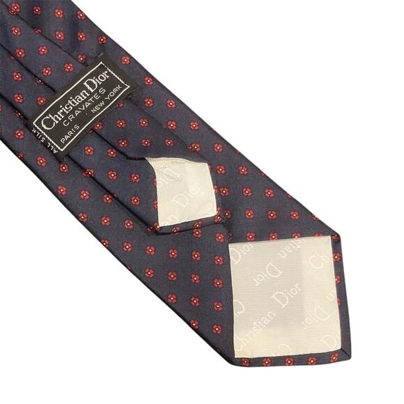 Christian Dior Men's Silk Tie Navy Blue with Red Polka Dot Pattern - Picture 6 of 8